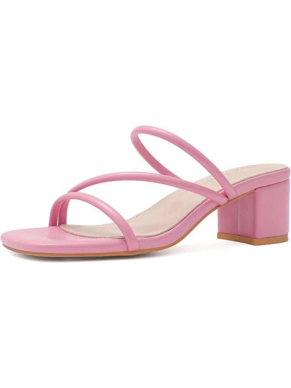 Women's Pink Leather Strappy Square Open Toe Slip On Mule Chunky Block Heels